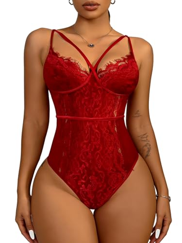 Buitifo Damen Sexy Body Dessous Ein Stück Babydoll V-Ausschnitt Teddy Schritt einrasten(rot,M)