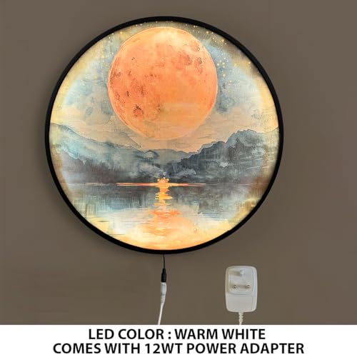 Image of PAINTINGMANTRA Full Moon Scenic View Night Wall Lamp Painting with Premium Aluminium Metal Frame, Nature Round Wall Painting with Warm White Night Lamp for Home & Office Wall Decor (18x18 Inches)