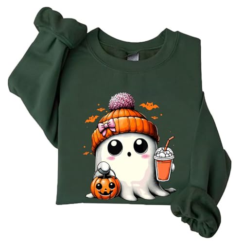Image of TONGCHEN Bougie Ghost Boo Halloween Ghost Graphic Sweatshirt Spooky Season Pumpkin Orange Crewneck Pullover (US, Alpha, Large, Regular, Regular, Army Green)