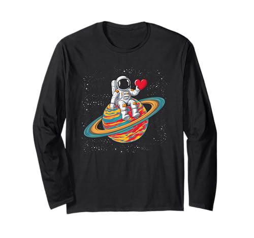 Space Astronaut Heart Love Balloon Planets Valentines Day Maglia a Manica