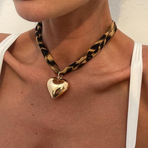 Scarf Necklace with Charm Gold Starfish Chunky Cross Heart Flower Pendants Bandana Charm Necklace Leopard Choker Necklaces for Women Boho Beach Jewelry Gift for Women2