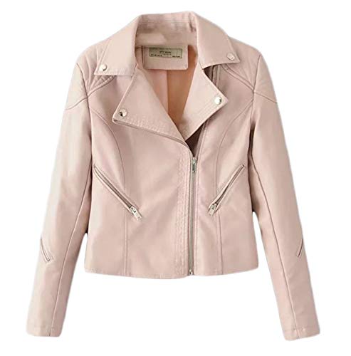 JIER Damen ReißVerschluss Lederjacke Classics Jacke Elegant Kurz Jacket Outwear Faux Leather Jackes Bikerjacke Mantel Kunstlederjacke Reversjacke (Pink,Large)