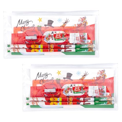 2 piezas Set de Papelería de Navidad Incluye Borrador de Lápiz Regla Sacapuntas Set de Regalo de Papelería Festivo Relleno de Medias Regalos de Cumpleaños de Navidad para Niñas y Niños