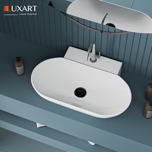 Image of LUXART Tabletop Wash Basin For Bathroom - 22 x 16 x 5 Inc Ceramic Glossy White Countertop & Wall Hung Washbasin | Vessel Sink For Hotel, Dining Hall, Vanity | Over counter Top Washroom Sink