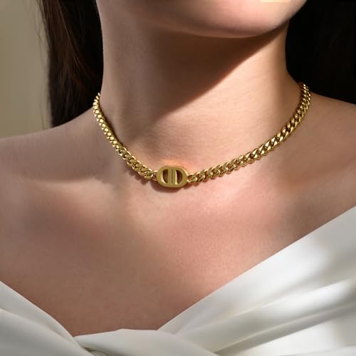 Womens 18K Real Gold Plated Initial Necklace Choker with Double D Letter, 6mm 316L Stainless Steel Diamond-Cut Curb Cuban Link Chain(Custom Box and Pouch Packing for Gift)4