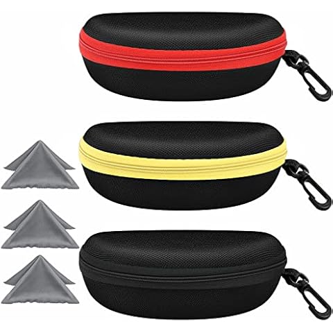 3 Pack Sunglasses Case Portable Travel Zipper Eyeglasses Case Hook With Cleaning Cloth (A-black+yellow+red) Cover