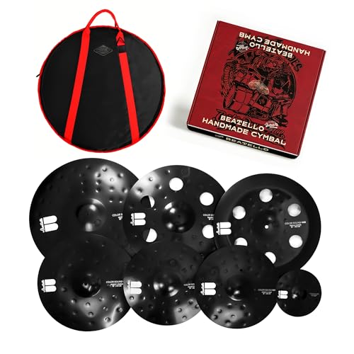 7-Piece Black Cymbal Set with Gig Bag - Professional Alloy Drum Cymbals Pack: 20 Ride 18 Holed Crash 18 Holed China 16 Crash 14 Hi-Hats 8 Splash for Professional Drummers
