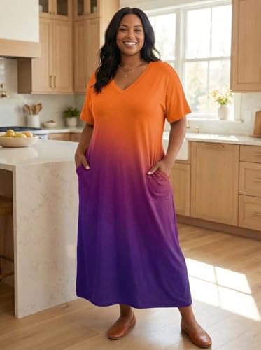 Image of SUZONANA Women Casual T-Shirt Dress V Neck Short Sleeve Solid Color Oversize Dress with Front Two Pockets