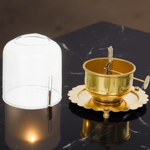 Image of Sanvatsar Traditional Brass Incense Burner, Gold, Decorative Dome Design with Lattice Pattern, Smoke Diffuser for Home (Brass Akhand Jyot Diya)