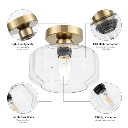 Tbaoinla 08 Semi Flush Mount Ceiling Light Fixture With Textured Glass Brass Metal Base Includes 1200 Lumens Led Bulbs Gold Hallway Light Fixtures Modern Ceiling Light Suitable thumb #4