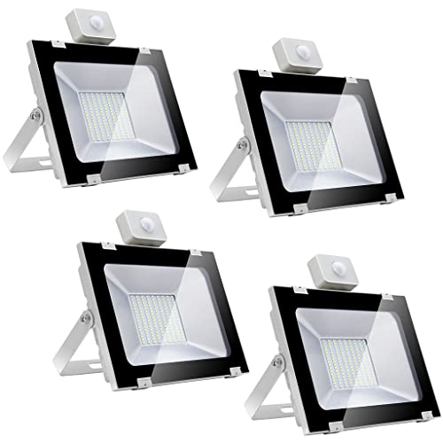 4PCS 100W 10000LM LED Außenstrahler mit Bewegungsmelder, 6000K kaltes Weiß Yinet-EU LED Scheinwerfer, IP65 Wasserdicht PIR Strahler LED AußenBeleuchtung LED Fluter Hof Garage Lagerhaus Stadion Garten Cover