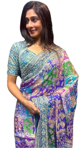 Image of Vinayak Textile Women's Blue Green Pink Multicolored Ajrak Digital Prined Real Mirror And Latkan Worked Saree With Blouse