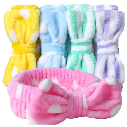 Bow HeadBands, Teenitor Women Headbands for Makeup Cosmetic Facial Shower Spa Elastic Hair Band Hairlace Headband for Baby girls Yellow Blue Green Purple Pink, 5pcs