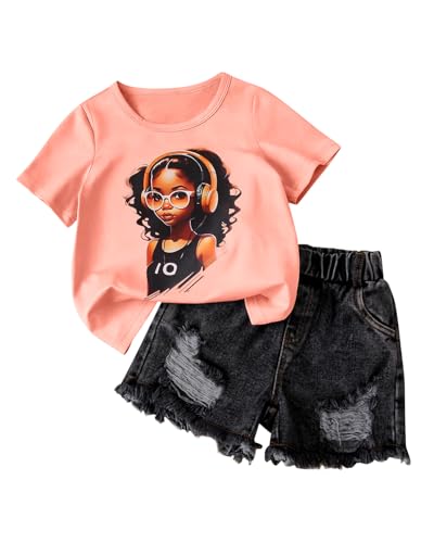 Image of Kids Toddler Girls Summer Clothes Leopard Butterfly Print T-Shirt + Belted Denim Jeans Shorts 3PCS Outfits