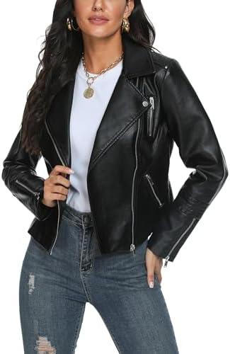 Fahsyee Women's Lapel Faux Leather Moto Jacket, Multiple Colors, S-XXL
