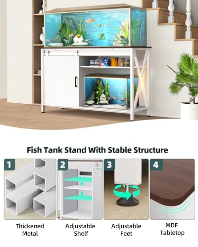 Image of Aquarium Stand for Fish Tank: 55-75 Gallon Fish Tank Stand with Sliding Door - Heavy Duty Metal Aquarium Table with Power Outlet - 2-Tier Breeder Reptile Terrarium Stand for Home & Office(White)