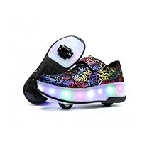 HUSKSWARE Kids Shoes with Wheels – LED Light-Up Roller Sneakers Boys Girls, 2-Wheel Retractable Skating Trainers, USB Rechargeable Outdoor Sports Shoes EU 27-40 White Black Pink
