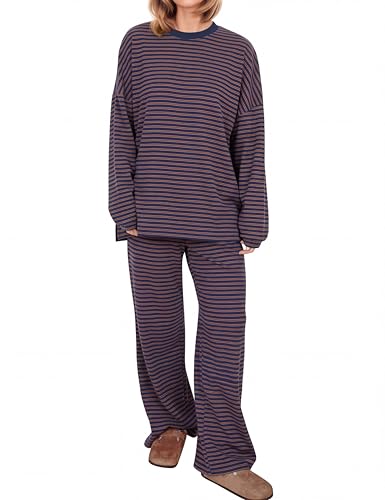 Image of MISSACTIVER Women's 2 Piece Striped Lounge Set Long Sleeve Oversized T-Shirt Wide Leg Pants Matching Pajamas Set