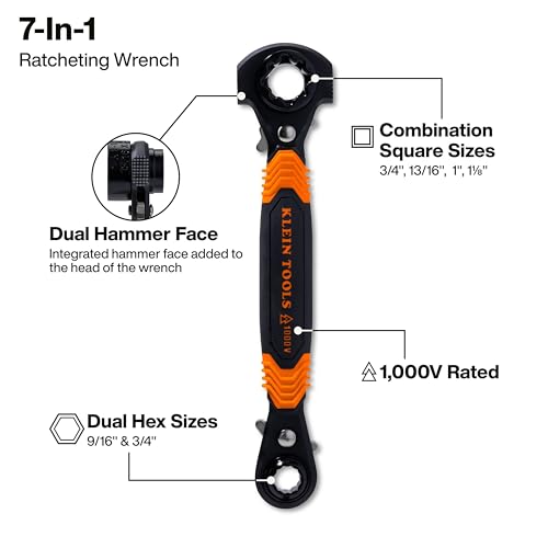 Image of KLEIN TOOLS KT175HFINS 7-in-1 Insulated Lineman Wrench with Dual Hammer Faces, Ratcheting Pass-Through Design, 1000V Rated, Multi-Size Utility Wrench for Pole Hardware