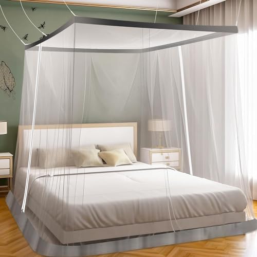 Image of LifeKrafts Bed Mosquito Net - Mega King Size Polyester Machardani (8ft x 8ft,Elegant White with Grey Border) | Double Zipper Entry | Washable & Durable Net for Peaceful Sleep