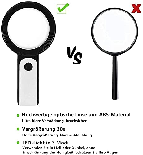 Voarge Magnifying Glass with 18 LED Light 30X Handheld Magnifying Glass with 3 Lighting Modes - Image 3
