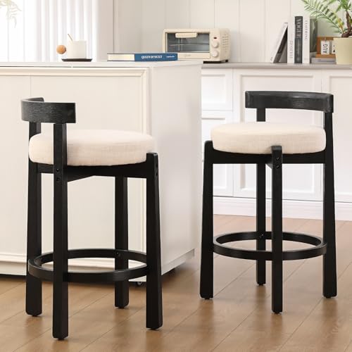 Image of CIMOTA 26.5 inch Counter Height Bar Stools Set of 2 | Mid Century Modern Low Back Bar Chairs with Black Wood Legs & Linen Upholstered Seat, Kitchen Island Stools, Beige