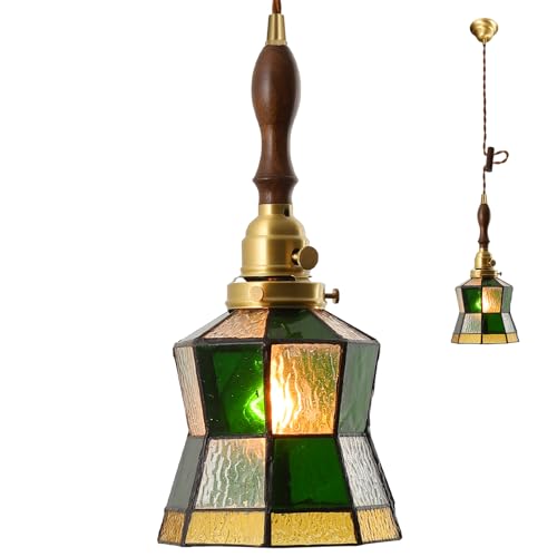 【おしゃれ レトロ】ペンダントライト 照明器具 真鍮製ボディ&ガラスシェード(ステンドグラス風)LED対応 E26口金 コード長さ調節可能 天井吊り下げ式 玄関/書斎/ダイニングルーム対応 - 木製ハンドル付き - グリーン(電球別売)