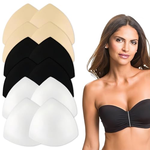 GNALIA Relleno Sujetador 6 Pares 12 Unidades Almohadillas Espuma Triangular Extraíble Traje Baño Sujetador Deportivo Bikini Color Blanco Beige Negro 8Mm Grosor