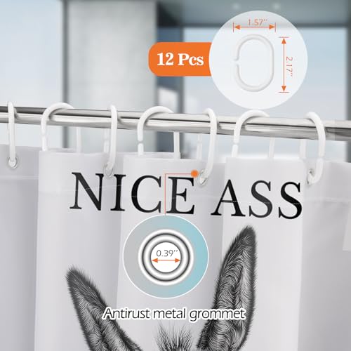 Image of Funny Donkey Nice Ass Shower Curtain Gag Gift Farmhouse Decor Animal Black and White Novelty Sarcastic Rustic Bathroom Bath Decor Bathtub Curtain Fabric Shower Curtain Set with 12 Hooks, 72 inchx72 inch
