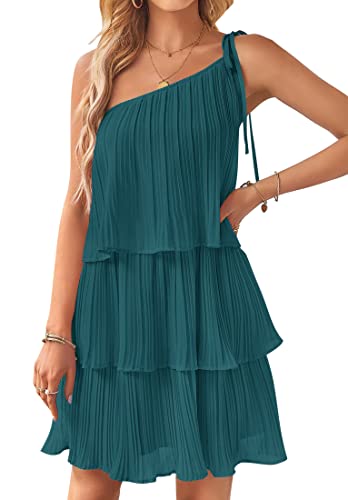 Zesica Women's 2023 Boho Summer One Shoulder Sleeveless Ruffle Tiered Layered Chiffon Pleated A Line Flowy Mini Dress,Teal,Medium #TOP21