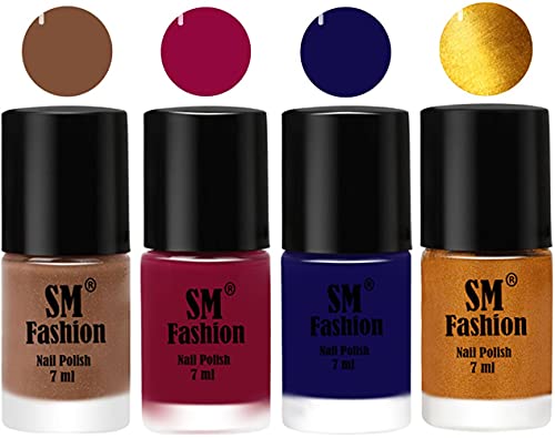 Image of Nail Polish Combo Set (Pack of 4) Quick Dry Gel Finish Nail Paint | Tan,Cherry Blossom,Dark Blue,Golden | 7 ml Each