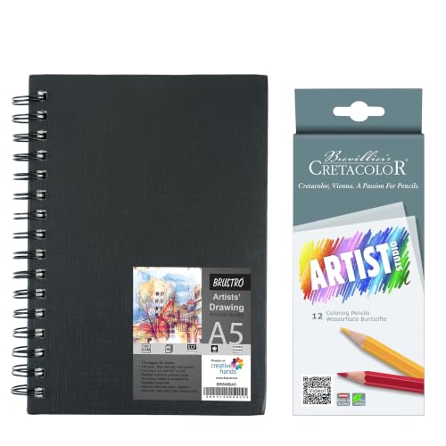 Image of BRUSTRO Artists' Sketch Book Wiro Bound, Size A5 (5.8x8.3 in), 160 GSM, 116 Pages with Cretacolor Studio Colouring Pencils, Set of 12, Assorted Bright Colours|Ideal for Sketching,Drawing