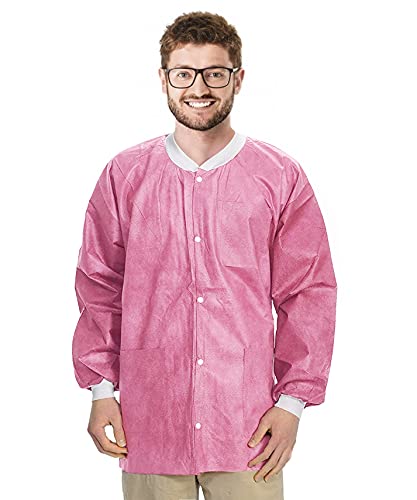 AMZ Disposable Shirts. Pack of 10 Pink Disposable Lab Jackets X-Large. 45 GSM SMS Hip Length Medical Scrubs with Knit Cuffs and Collar. 3 Pockets, Non-sterile Protective Short Lab Coats