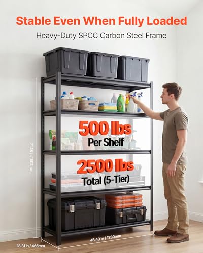 Image of VEVOR Storage Shelves, 5-Tier Adjustable, 2500 lbs Capacity, Heavy Duty Garage Storage Shelving Unit, Metal Utility Rack Shelf, for Garage Warehouse Basement Kitchen, 48.43 inch W x 18.31 inch D x 71.38 inch H