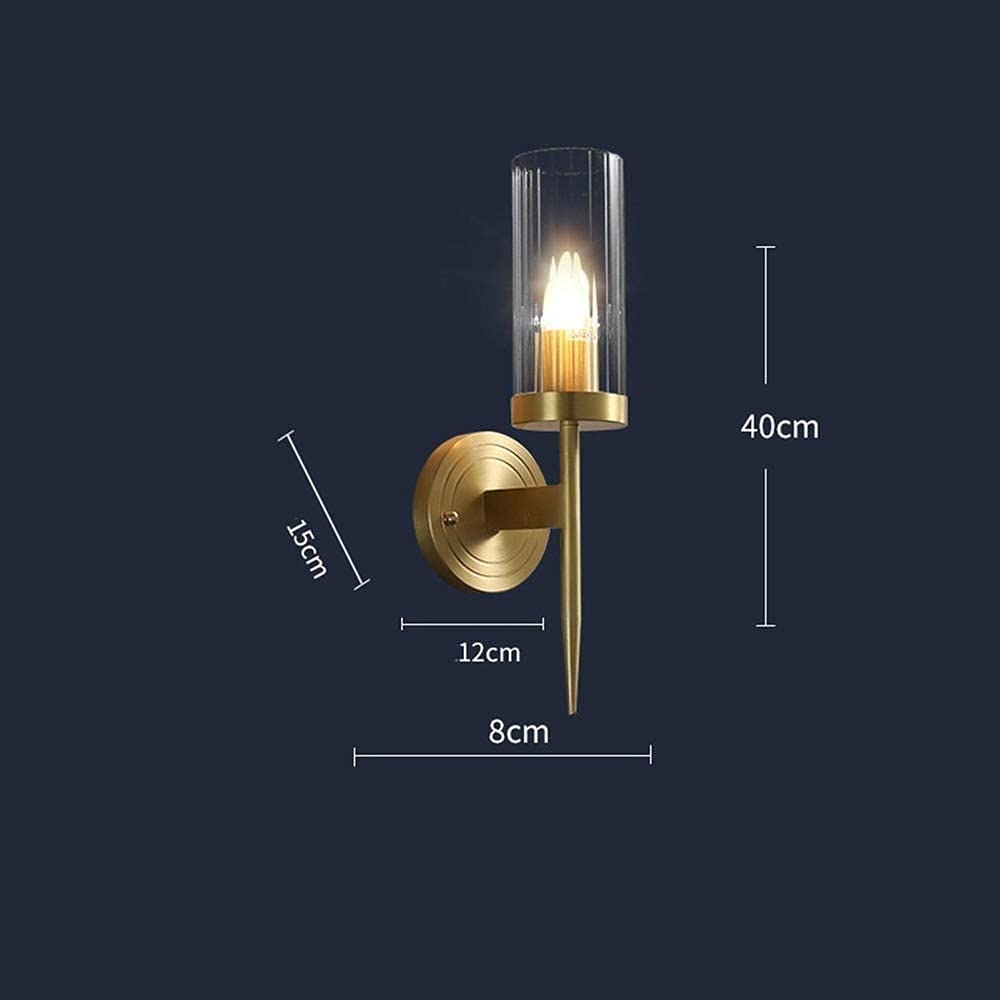 Kinkiety ścienne z miedzianym uchwytem, pojedyncza lampa z cylindrycznym szklanym kloszem, wykończenie mosiężne, 40 cm, stosowane na korytarzach, schodach, w salonach, do czytania