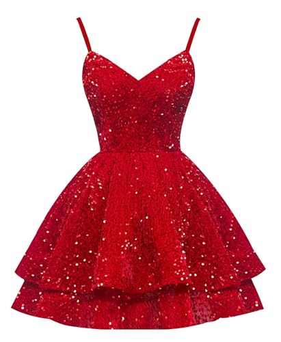 Short Homecoming Dresses 2025 Sparkly Sequin Tiered Ball Gown Spaghetti Straps V-Neck Corset Prom Dress