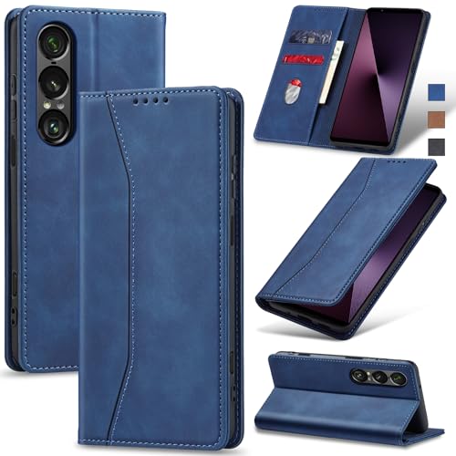 Image of Jasonyu Cover for Sony Xperia 1 VII Flip PU Leather Case Cover Book Wallet Stand Function Magnetic Card Slot TPU Bumper Case (Blue)