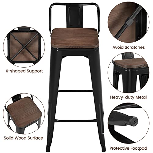 Yaheetech 30" Metal Barstools Set Of 4 Bar Height Bar Stools With Wooden Top Low Back Industrial Bar Stools Metal Stool For Indoor-Outdoor Counter Stools With Wooden Seat Matte Black #TOP3