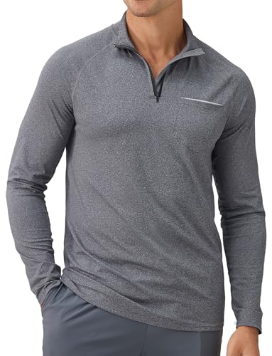 AIEOE Sudadera deportiva de secado rápido con cremallera de 1/4 para hombre, informal, cuello alto, manga larga, para hombre, gris, M