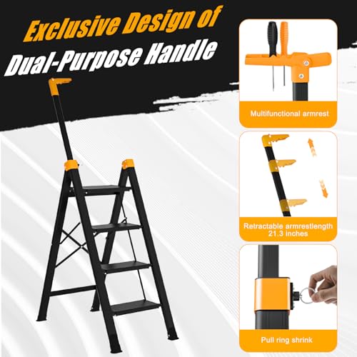 4 Step Ladder with Single-Handrail, Aluminum Step Stool Foldable, Lightweight Sturdy Step Ladder with Anti-Slip Pedals,Convenient Handrail for Home Kitchen Closet, 600lbs Max Load Capacity (Yellow) by AOPENG - Used condition - Image 4