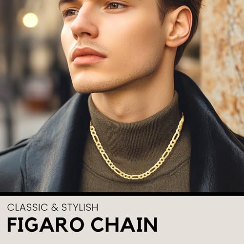 KISPER Mens Gold Chain Necklace - 18k Gold Necklace for Men, Solid Diamond-Cut Figaro Chain, 5mm Italian Sterling Silver Link Necklace with Lobster Clasp - Made in Italy2