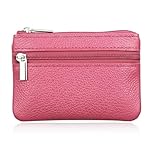 Hibate Mini Coin Purse Holder Wallet Leather Purses for Women Men Kids Minimalist Zip Pouch with Key Ring - Pink