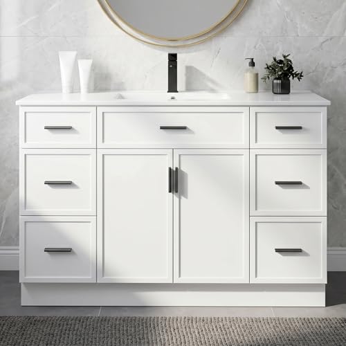 Image of 48 Inch Bathroom Vanity with Sink, Modern Farmhouse Bathroom Vanity Cabinet, Freestanding Bathroom Vanity with 2 Soft Closing Doors & 6 Drawers, Bathroom Sink Storage Cabinet, White(48 inch)