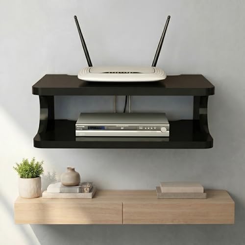 Image of Wall Mounted WiFi Router Shelf | Wooden Router Stand & Set Top Box Holder | Modern Floating Wall Shelf for WiFi Router, Remote, Accessories & Cable Management | Dark Walnut Finish