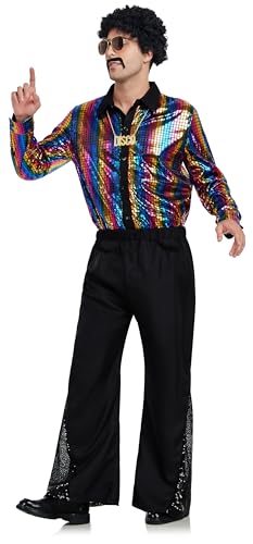 Mens 70s Disco Outfit Retro 70s Costume Bell Bottom Pants Long Sleeve Shirts 70s Wigs Sets for Halloween Party4