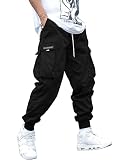 GORGLITTER Hosen Herren Cargohose Cargo Hose Sport Pants Männer Workout Outfitwear mit Tunelzug und Seitetaschen Sweathose Schwarz M