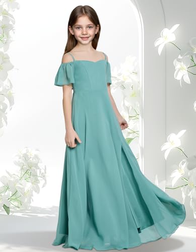 Junior Bridesmaid Dress Off Shoulder Flower Girl Dess Chiffon Short Sleeve Girls Pageant Dresses Slit JBD1554