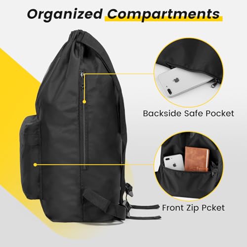 Vorspack Drawstring Backpack Water Resistant String Bag Cinch Bag Sports Gym Sack with Side Pocket for Men Women - Black - Thumbnail 4