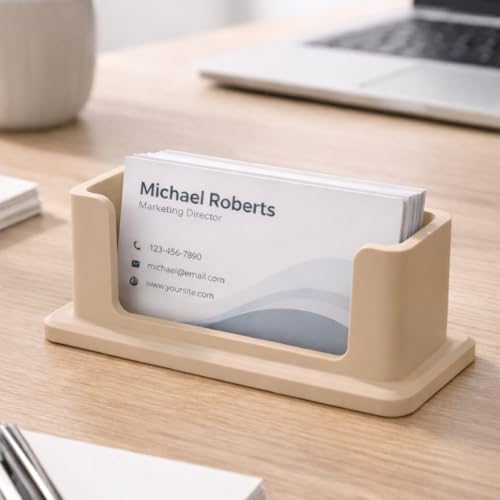 Image of Modern Minimalist Visiting Card Holder for Desk - Premium Plastic Business Card Stand, Office Table Card Organizer for Professionals, Reception, Home Office (Beige)