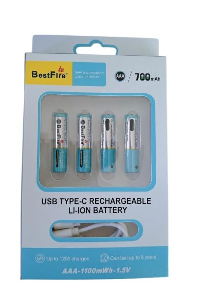 Compatible with BestFire AAA-1100mWh-1.5Volt USB Type-C 700mAh Rechargeable Li-ion Battery (Pack of 4)